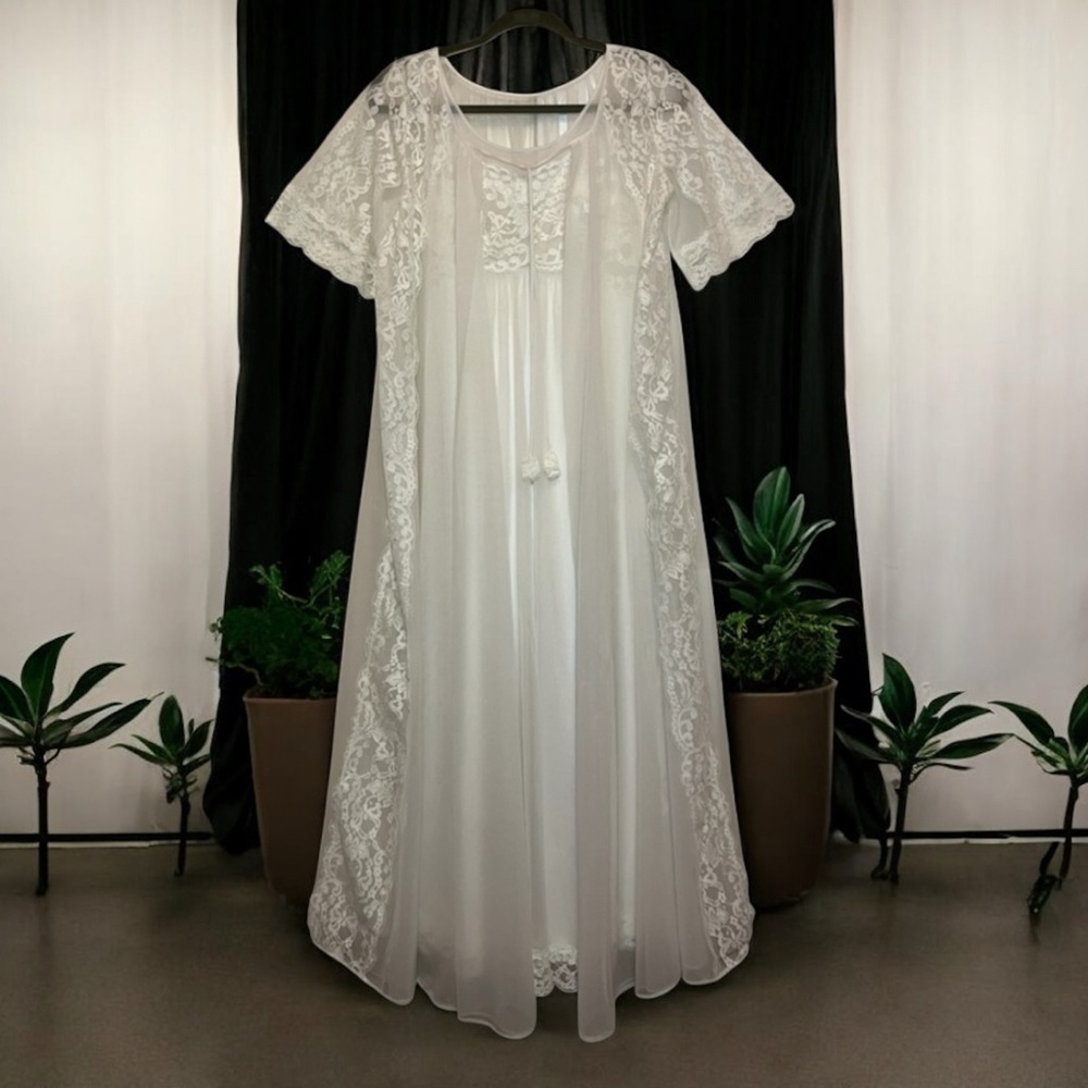 Vintage Shadow Line Nylon white lace maxi intimate sheer slip dress & robe SZ S